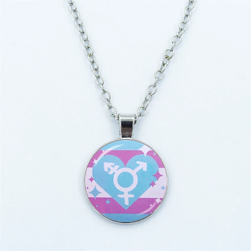 Rainbow Necklace LGBT Lesbian Gay Pride Rainbow Friendly Print Art Pattern Glass Cabochon Pendant Couple Chain Necklace Gift