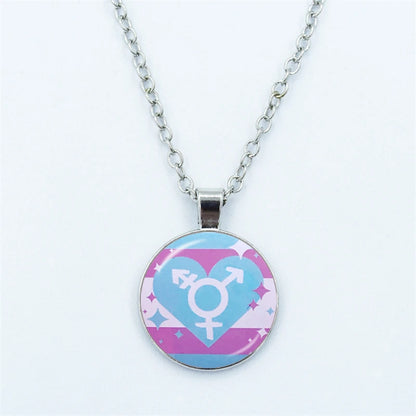 Rainbow Necklace LGBT Lesbian Gay Pride Rainbow Friendly Print Art Pattern Glass Cabochon Pendant Couple Chain Necklace Gift