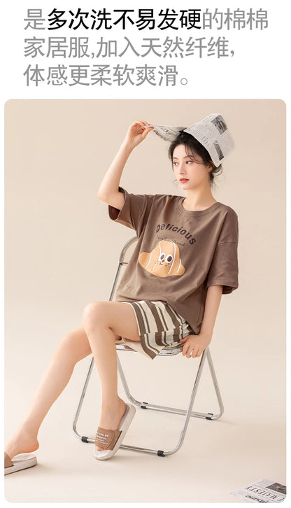 100% Pure Cotton Women Pajamas Summer Cartoon Print Pijamas Girls Nightwear Homewear Short Sleeve Sleepwear O-neck Loungewear