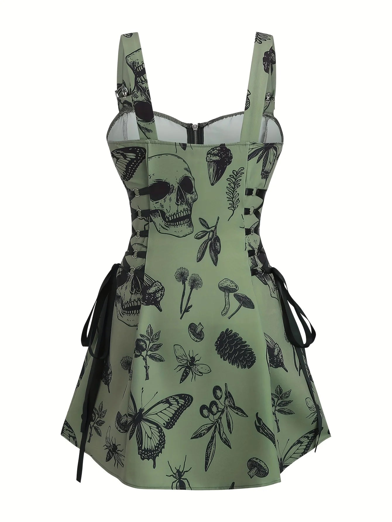 European and American trend oversized ladies slimming shoulder strap zipper full print skull pattern dress