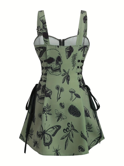 European and American trend oversized ladies slimming shoulder strap zipper full print skull pattern dress
