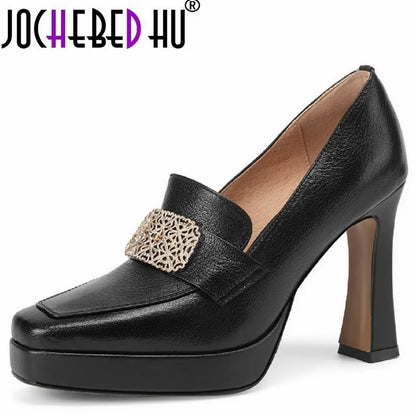 【JOCHEBED HU】Brand Genuine Leather Platform Shoes for Ladies Square Toes Women's Sewing Lines High Heels Leather