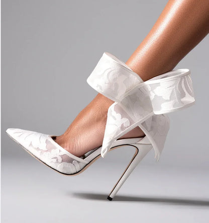 Spotted Breathable Mesh Pumps Big Bow Pointed Stiletto Buckle Strap High Heels Fashion Party Banquet Wedding Pumps For Women 47