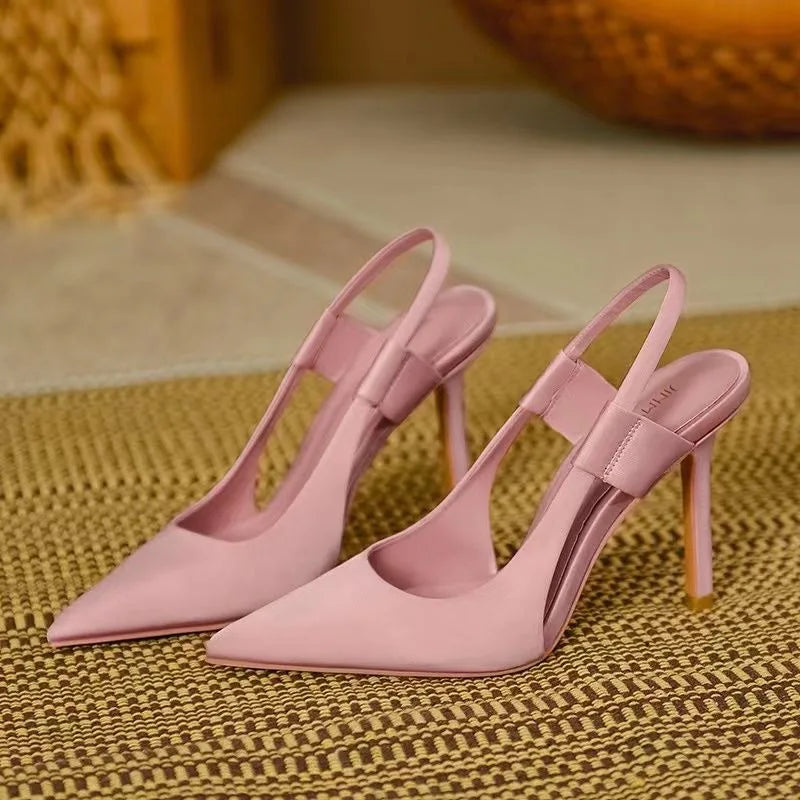 2025 New Fairy Pink Womens High Heel Sandals Pointed Toe Shallow Mouth Soft Leather Heels Ladies Fashion Banquet Versatile Shoes