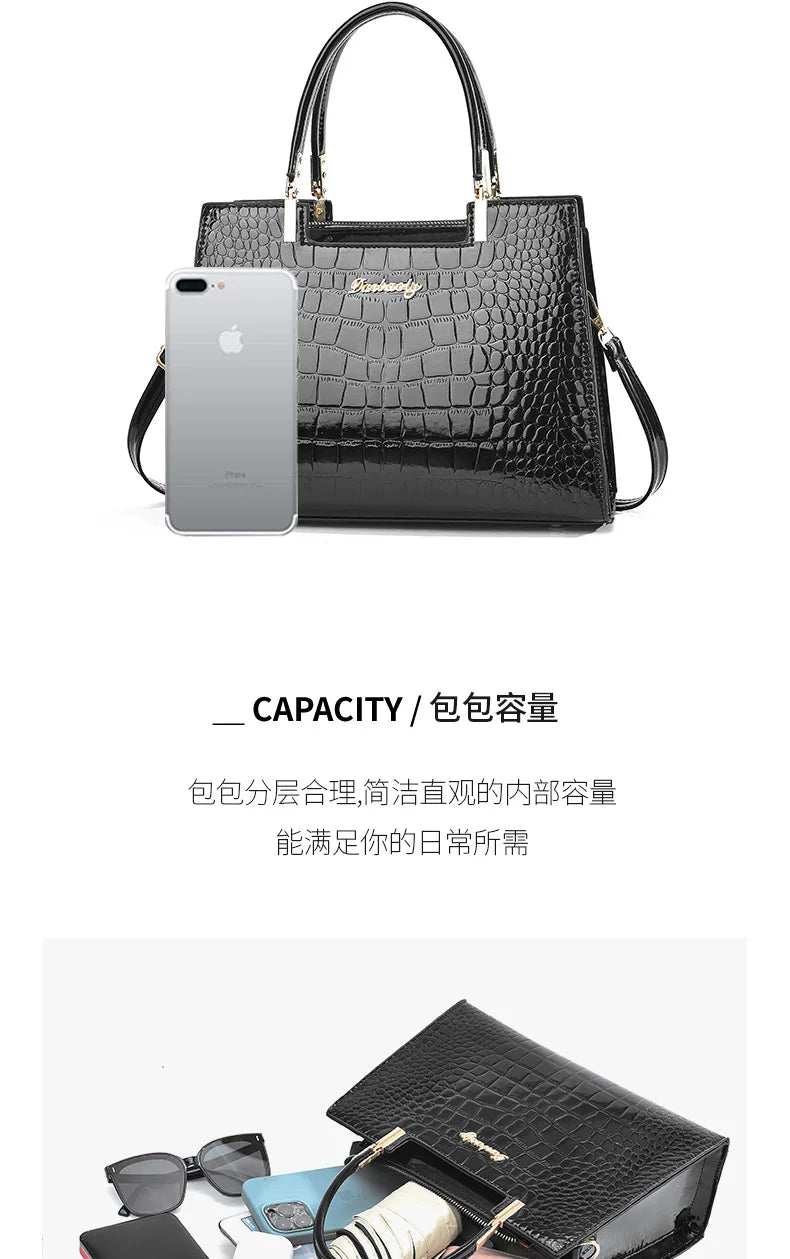 Luxury Bright Leather Ladies HandBags High-end Crocodile  Messenger Bags Boston Ladies Shopping Shoulder Tote Bags Crossbody Bag