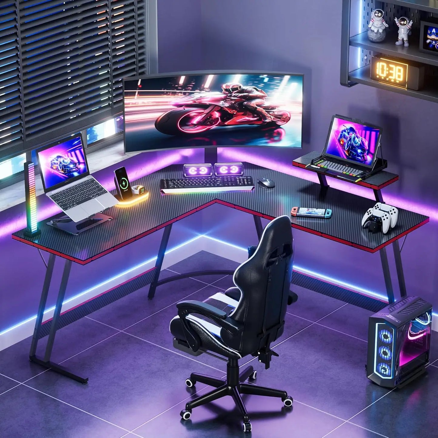 L-Shaped Gaming Desk with Monitor Stand, 51-Inch Corner Computer Table for Home Office, Sturdy Black Workstation