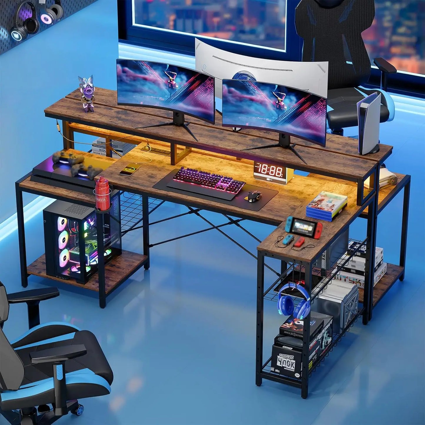 71.5 inch Computer Desk with Power Outlets, LED Large Home Office Desk with Monitor Stand, L Shaped Corner Desk, Customized