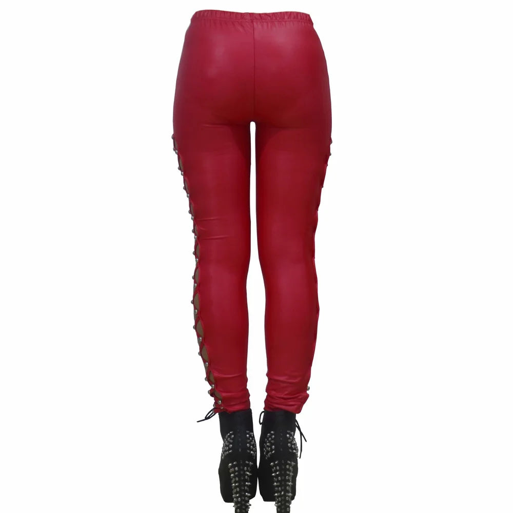 Women PU Leather Skinny Slim Trouser Gothic Punk Leggings Fishnet Trim Lace Pant Faux PU Leather Pencil Pants Club Clothing