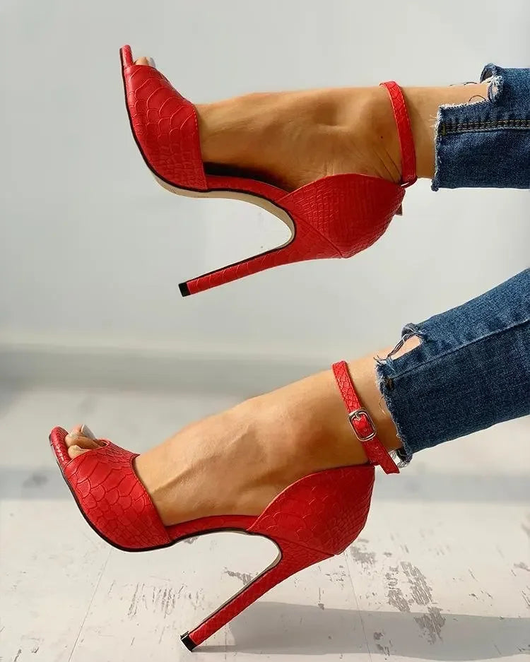 Dress Wedding Shoes Women Ankle Strap Peep Toe High Heel Sandals Sexy White Super High Heels Buckle Snake Pattern Woman Pumps