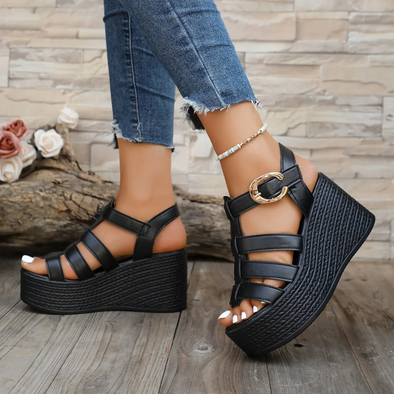 Summer Ankle Buckle Women Wedge Sandals Patchwork Platform Sandals Breathable Comfort Non-slip Soft Sole Gladiator Shoes Women