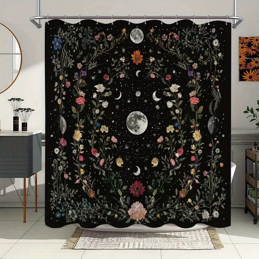 Mystical Floral and Moon Phases Waterproof Shower Curtain for Bathroom Decor, Modern Art Design, Vibrant Colors