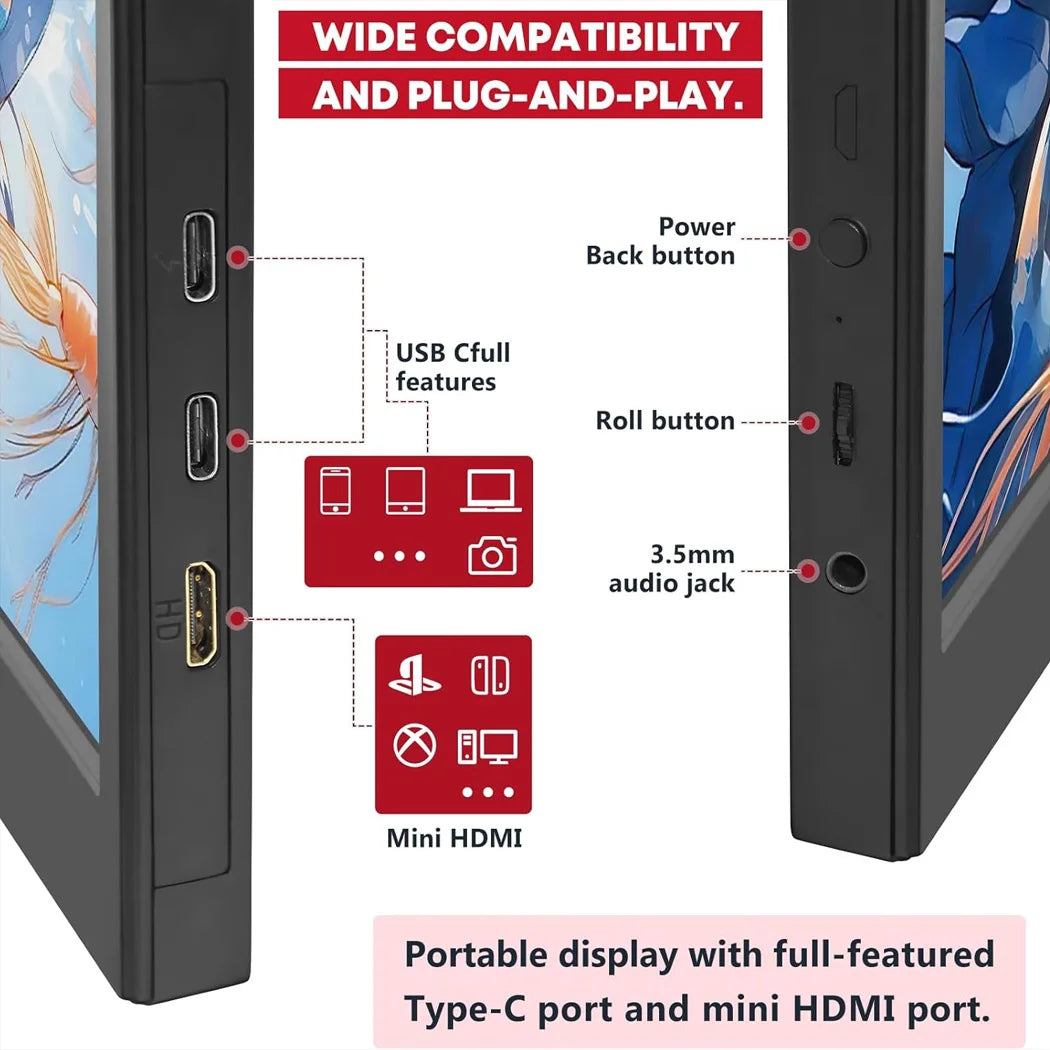AHXJKA 15.6” Portable Monitor 60HZ IPS USB-C HDMI 250Cd/m² For Laptop XBox PS4 / 5 Switch TV Cell Phone PC Extension Mobile