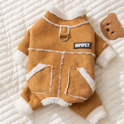 Pet Clothing Plush Leather Jacket Autumn Thick Warm Coat Winter Cat Pet Jumpsuit Puppy Clothes Four Legged Pants for Small Dogs