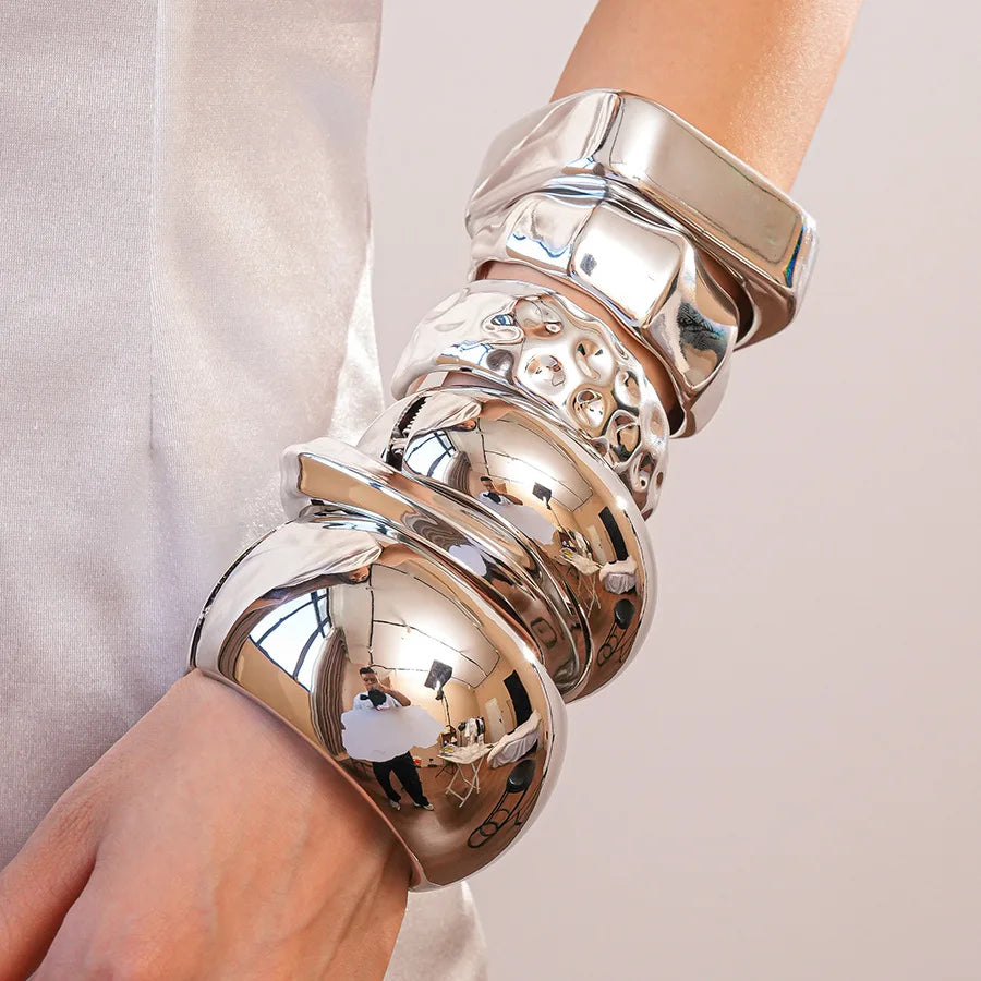 Punk Silver Color Acrylic Cuff Bracelet for Women Men Geometric Round Wide Bracelets Bangles Party Hand Accessories Gifts F