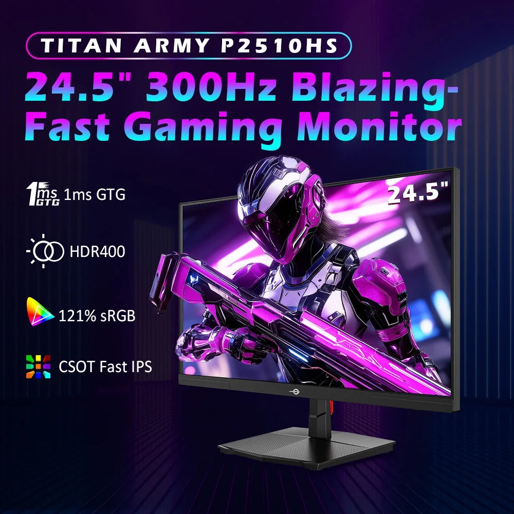 TITAN ARMY P2510HS 24.5" FHD Gaming Monitor, 300Hz Refresh Rate, 1ms GTG, CSOT Fast IPS Panel, HDR400, Adaptive Sync, 121% sRGB, Low Blue Light, PIP/PBP, Game Mode, VESA Mount Compatible for Esports Gaming