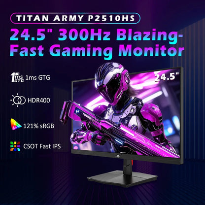 TITAN ARMY P2510HS 24.5" FHD Gaming Monitor, 300Hz Refresh Rate, 1ms GTG, CSOT Fast IPS Panel, HDR400, Adaptive Sync, 121% sRGB, Low Blue Light, PIP/PBP, Game Mode, VESA Mount Compatible for Esports Gaming