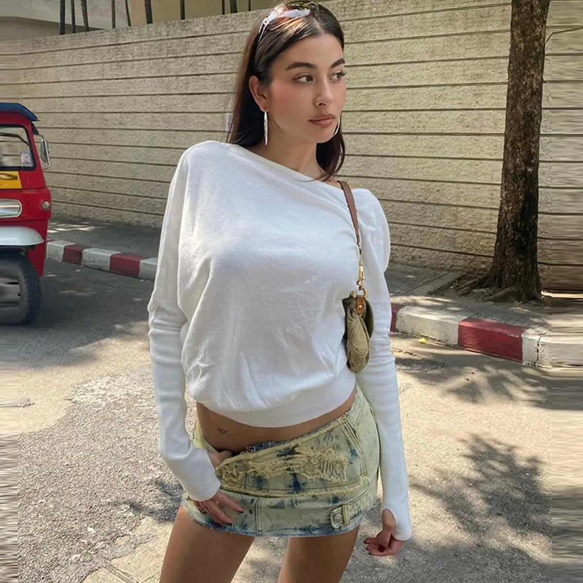 Sexy Elegant Long Sleeves Top Irregular One Shoulder Women Tops T Shirt Birthday Party Club Date Casual Office Clothes