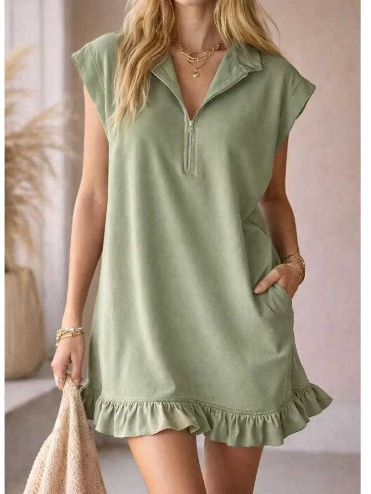 Spring Summer New Sleeveless Pocket Dress Zipper V-neck Ruffled A-line Skirt For Women Fashion Elegant Casual  Holiday Dresses