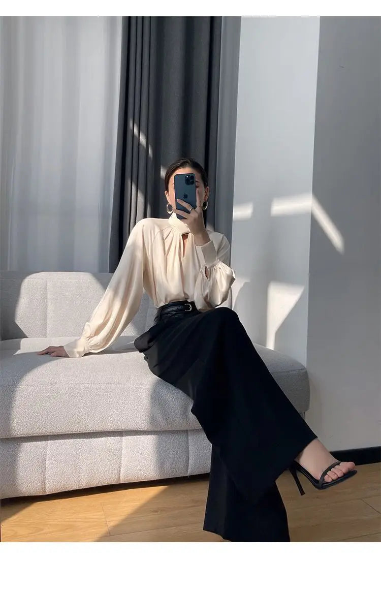 Office Lady Hollow Out Loose Shirt Tops Spring Autumn New Long Sleeve Elegant Solid Blouse Temperament Fashion Women Clothing