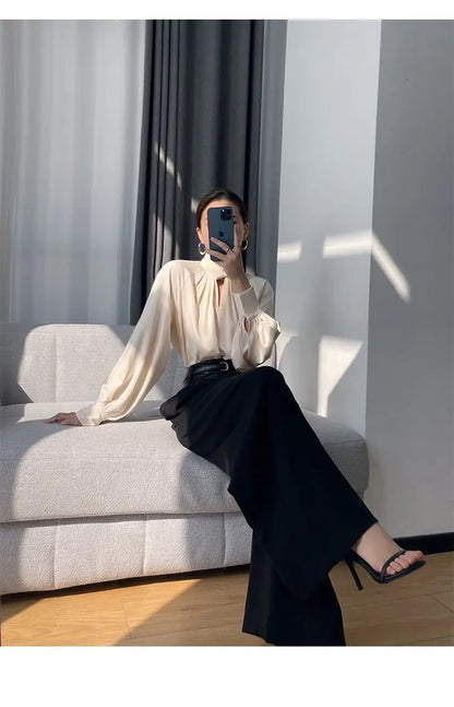 Office Lady Hollow Out Loose Shirt Tops Spring Autumn New Long Sleeve Elegant Solid Blouse Temperament Fashion Women Clothing