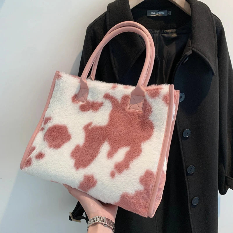 Winter Faux Fur ,Leopard Print Designer Shopper Totes, Fashion Soft Plush Women Shoulder Bags, Large Capacity Handbags and Purse