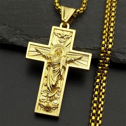 Stainless Steel Cross Jesus Pendant Necklace for Women Men Gold Color Chain Religious Crucifix Necklaces Amulet Jewelry Gift