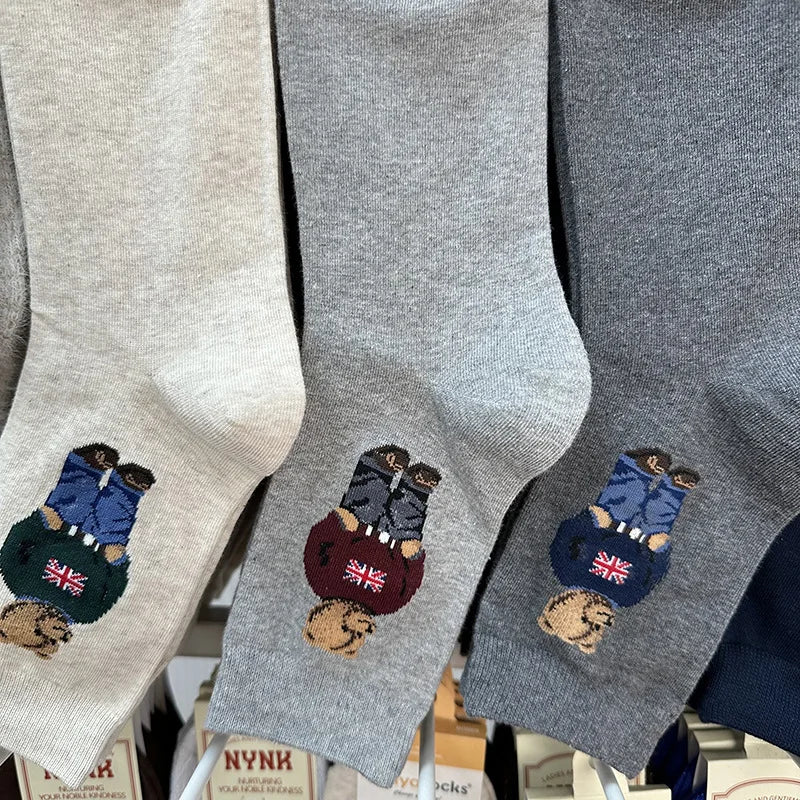 Polo Socks Men Gentleman Cotton Socks Bear Cartoon Bussiness Harajuku Skateboard Novelty Breathable Sox Designer Socks Size46-39