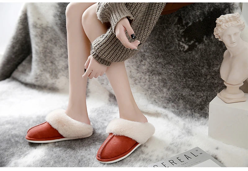 2025 Winter Warm Home Fur Slippers Women Luxury Faux Suede Plush Couple Cotton Shoes Indoor Bedroom Flat Heels Fluffy Slippers