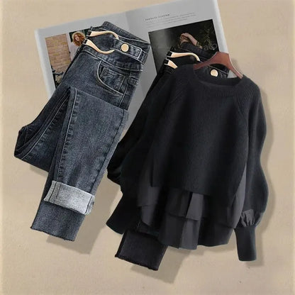 2026 Spring Autumn New Vintage Jeans Matching Set Women's Korean Elegant Fake Two Piece Knit Sweater+High Waist Denim Pants Suit