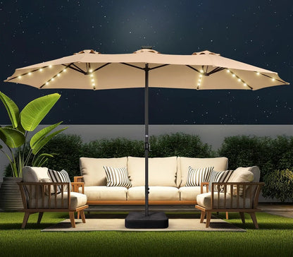 Double Sided Patio Umbrellas - 15ft Solar Lights LED Lighted Outdoor Extra Large Market Table Umbrella with Base, Customized
