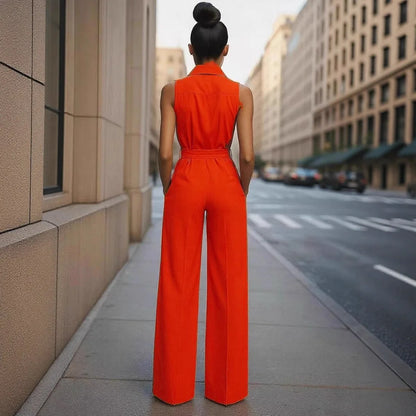 Sleeveless Lapel Jumpsuit Women's Fashion Button Down Shirt Collar Solid Color Wide Leg Commuting Office With Pocket Jumpsuit