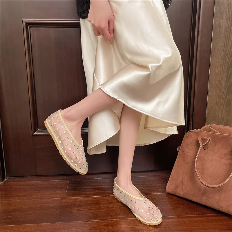Women Flats Luxury Crystal Rivet Design Sandals Summer Mesh Breathable Ballet Shoes Plus Size Ladies Elegant Party Dress Loafers