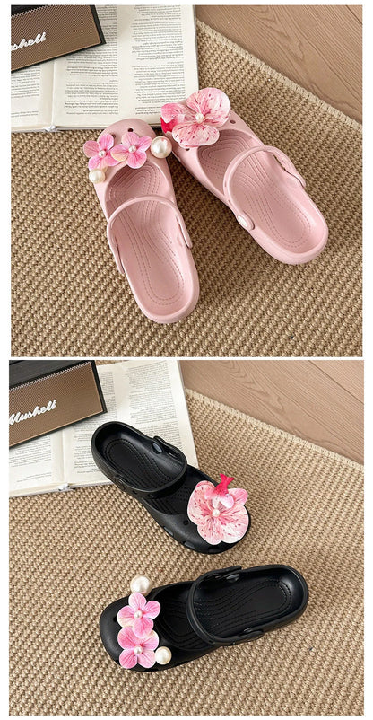 Clogs Summer Slippers Women Luxury Pearl Metal Flower Mary Janes Designer Ballet Shoes Girls Corc Charms Sandals Indoor Outdoor