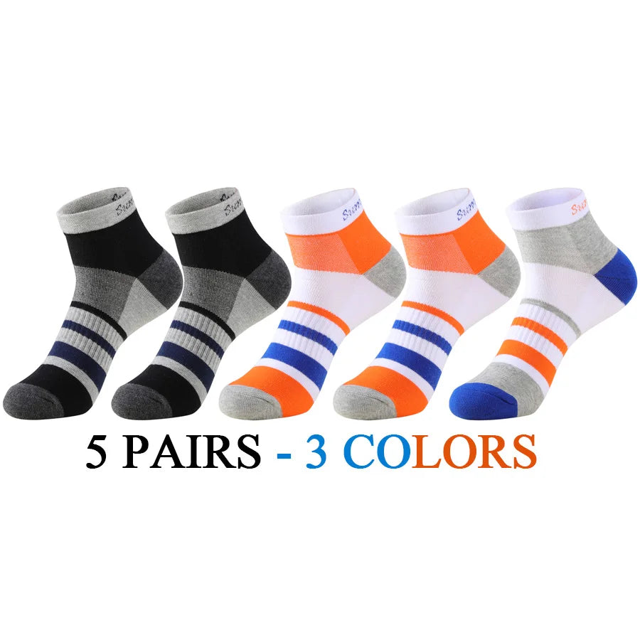 5 Pairs/Lot Running Socks Men Ankle Colorful Stripes Combed Cotton Outdoor Gym Compression Short Male Socks 5 Colors New 2025