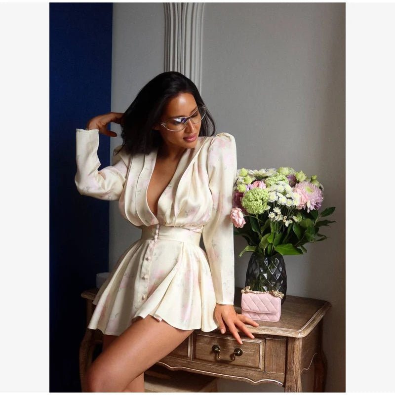 Sexy Deep V-neck Floral Printed  Long Sleeve Women Dress Fashion Waist-cinched Pleated Button-front Vestidos 2026 Daily Outfits