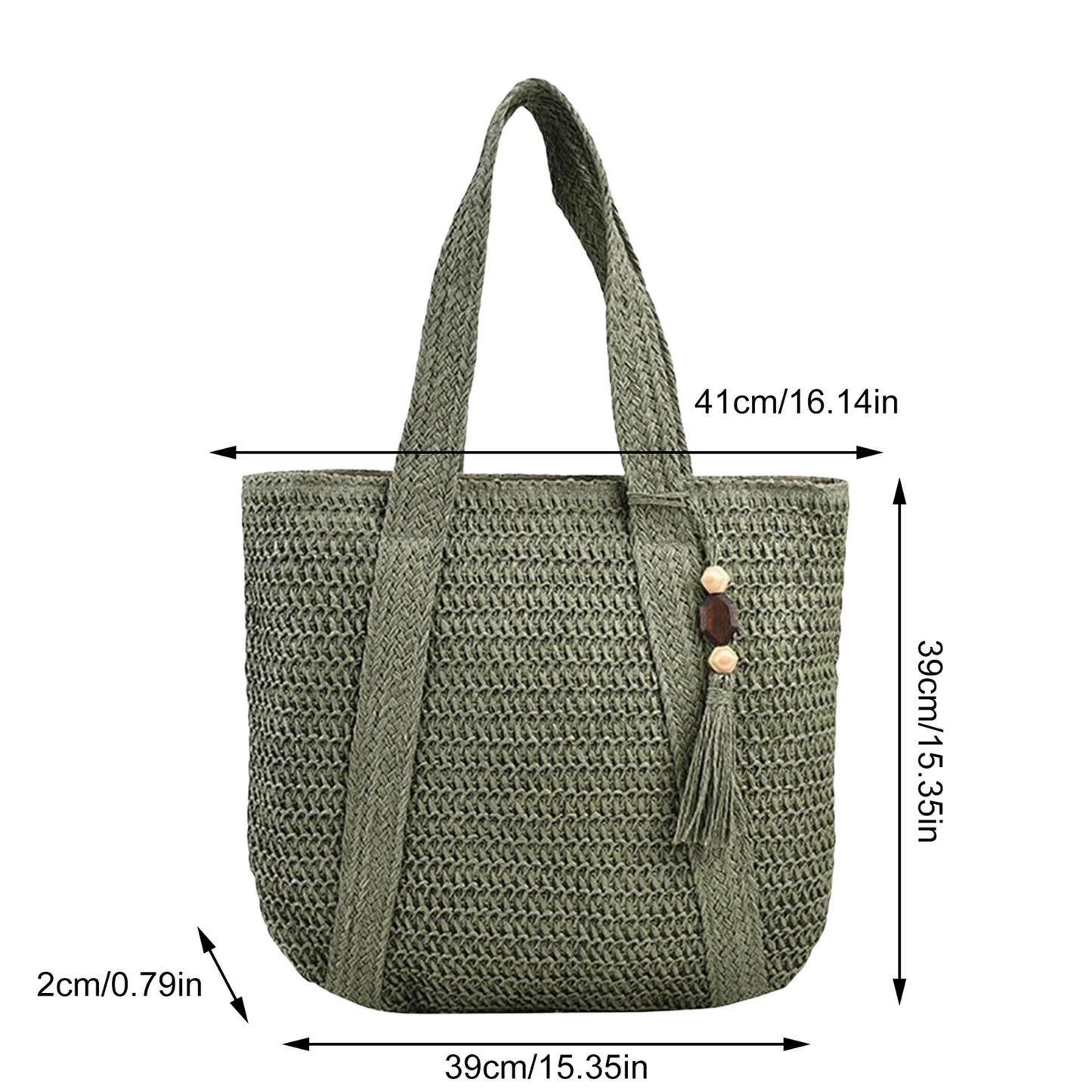 Women Hand Woven Tote Bag Solid Color Large Capacity Square Handbag Straw Shoulder Bag with Tassel Pendant