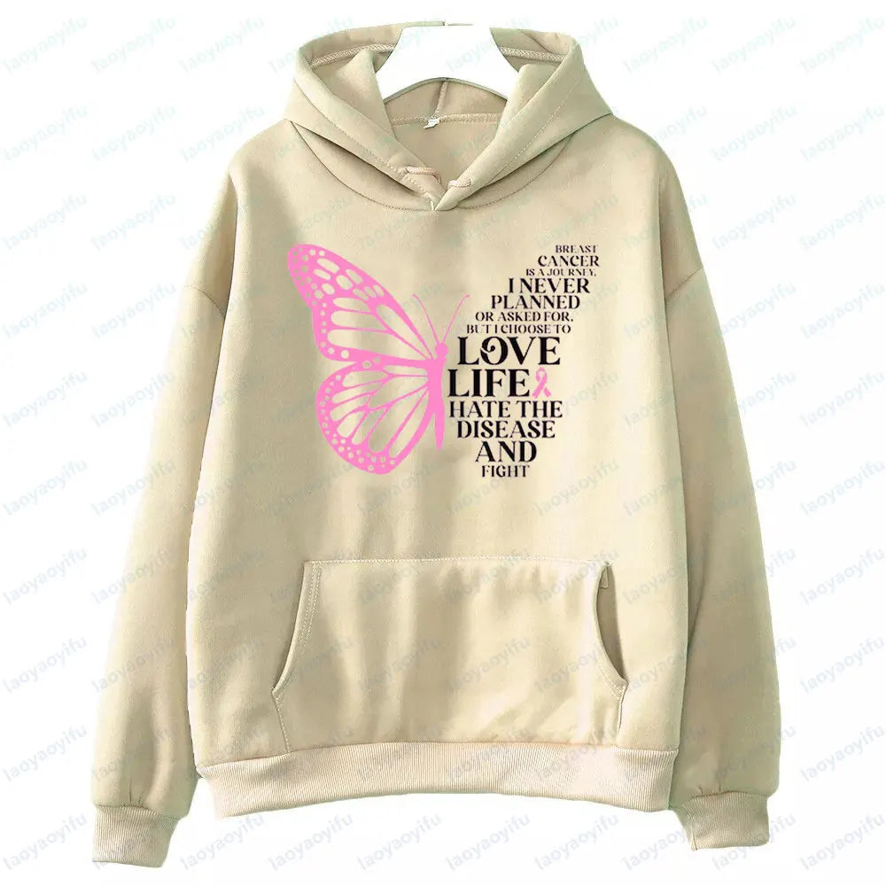 Breast Cancer Is A Journey Breast Cancer Awareness Clothing Butterfly Cancer Sweatshirts Pink Ribbon Hoodies Love Life Women Top