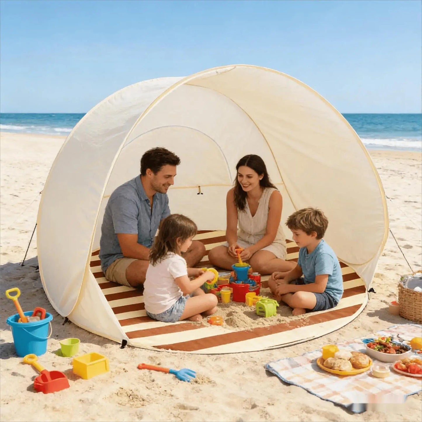 Beach Tent 3/4 Person Easy Pop Camping Canopy Beach Shelter with Ventilating Mesh Window for Outdoor Camping Picnic Garden
