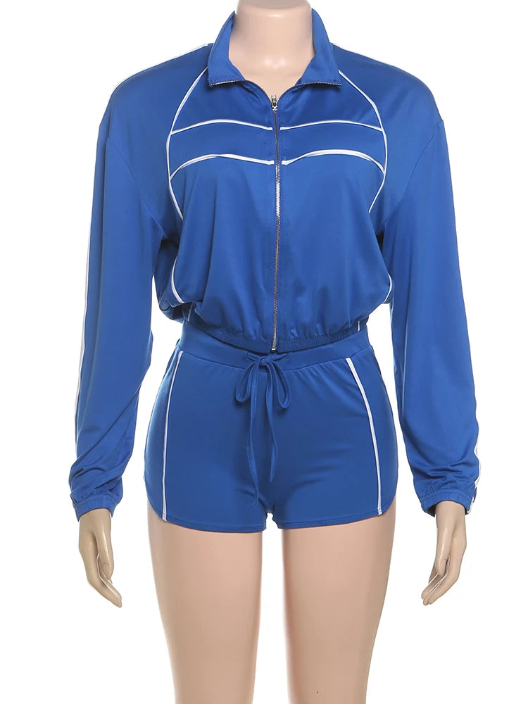 Weird Puss Casual Sporty 2 Piece Set Women Zipper Cardigan Polo-Neck Jacket+Drawstring Skinny Shorts Daily Fashion Tracksuits