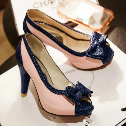 Women's Pumps Shoes High Heels Dress Pump Peep Toe Sweet Bowtie Nude Blue Working Party Wedding Shoes Female 2025 Spring