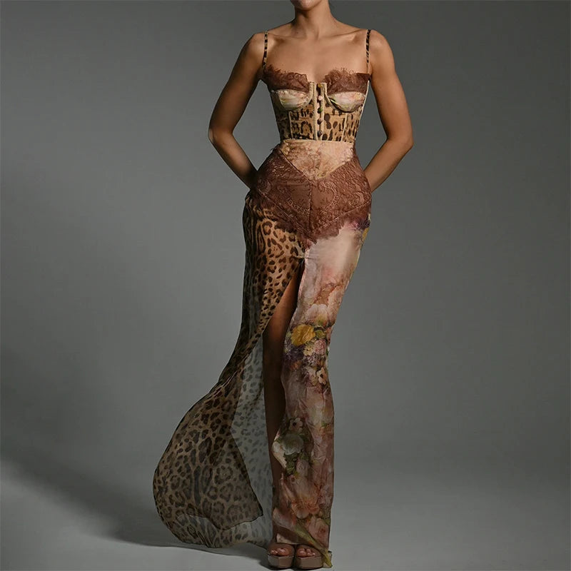 Leopard Printed Patchwork Lace Dress Women's Irregular See Though Button Sling Vestidos Sexy Summer Beach Party Gowns New