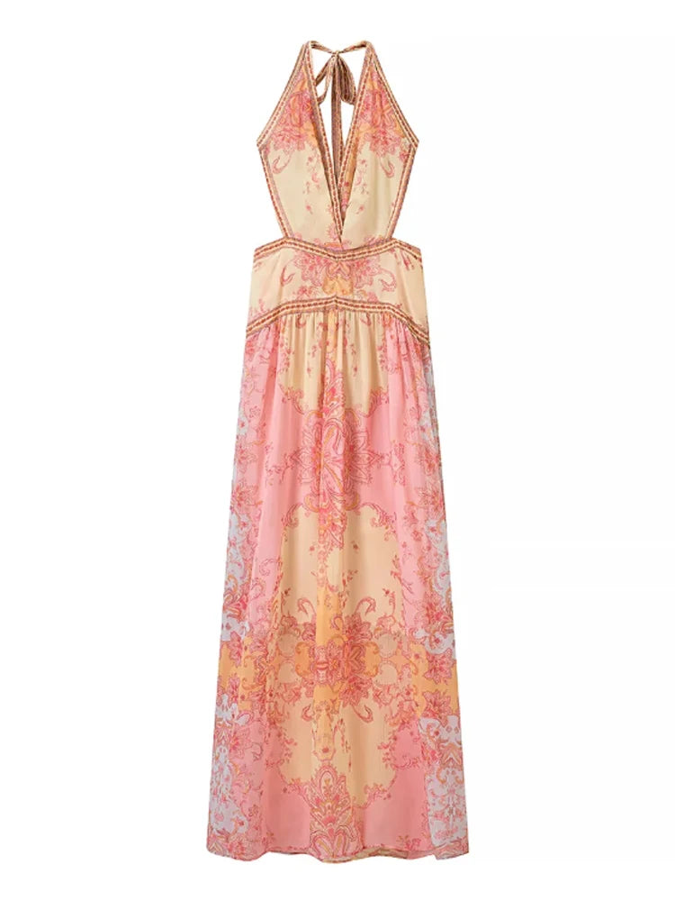 Vintage Floral Halter Deep V Neck Women's Dress Sexy Side Waist Cutout Flowy Long Sundress Summer New Chic Vacation Party Outfit
