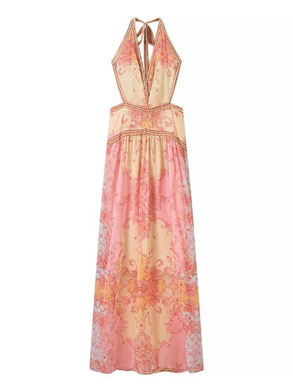 Vintage Floral Halter Deep V Neck Women's Dress Sexy Side Waist Cutout Flowy Long Sundress Summer New Chic Vacation Party Outfit
