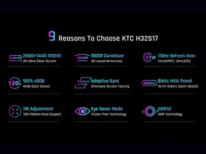 KTC 32 Inch Curved Monitor VA 1500R, 2K QHD 1440P@180Hz Gaming Monitor, 1ms MPRT, FreeSync Premium, G-Sync, HDR10, 122%sRGB, VES