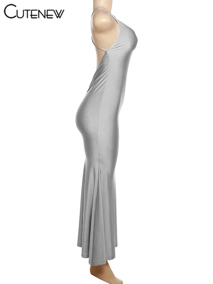 Nibber Red Shiny Spaghetti Strap Maxi Dress Women Solid Sexy Backless Ruched Cleavage Body-shaping Robe Lady Hipster Streetwear