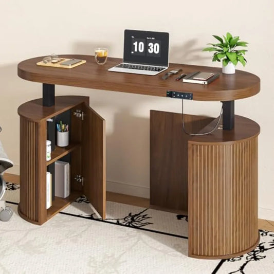 Mid Century Modern Electric Standing Desk with Storage 55 x 22 Inch Small Sit Stand Up Desk Wood Adjustable Height Computer Exe