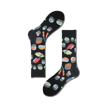 1 Pair Crew Socks With Japanese Cuisine Sushi Food Print In Blue, Comfortable Breathable Moisture-Wicking, Interesting Novelty