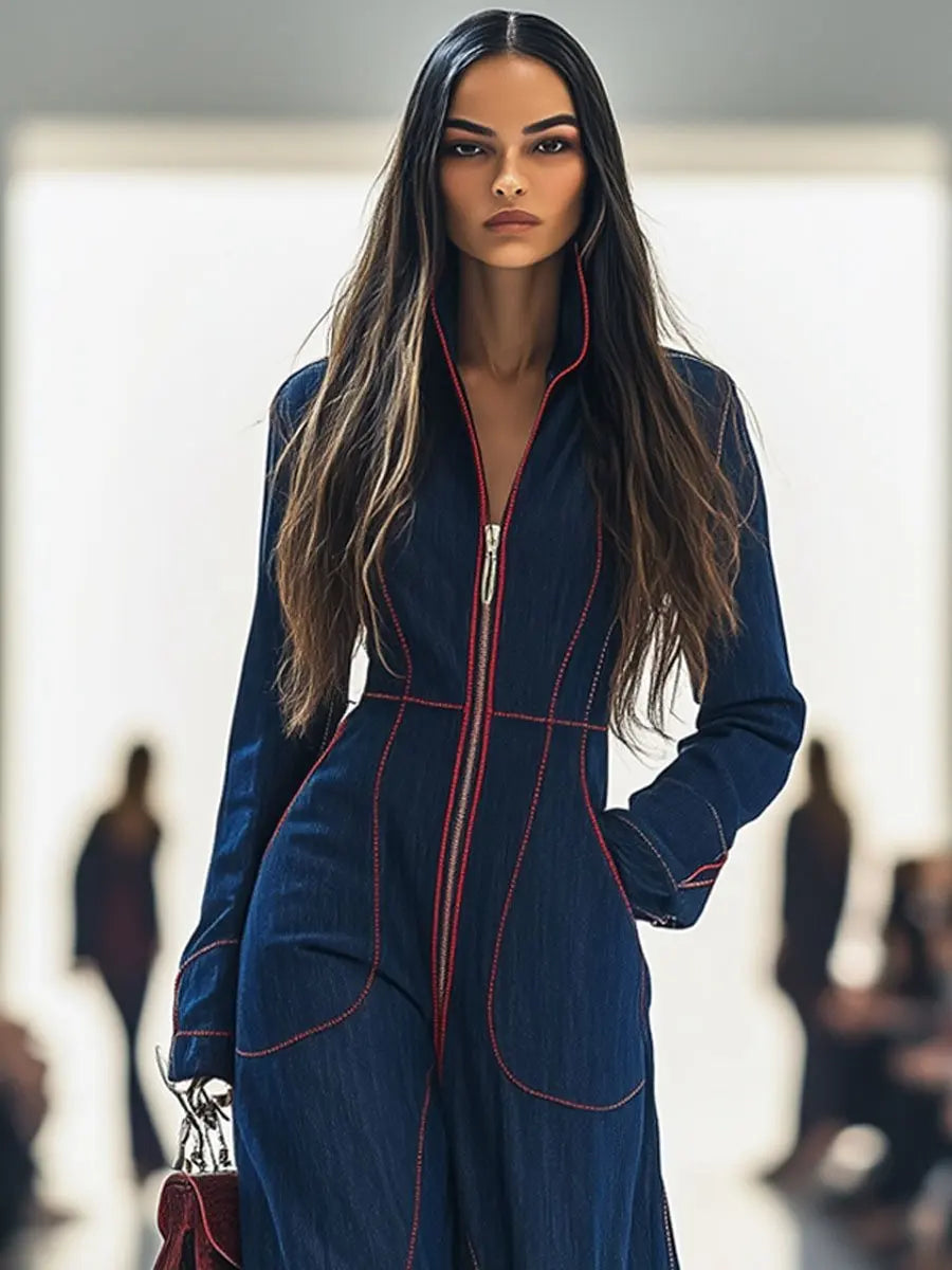 New Arrival plus Size Women's Jumpsuit with Big Pockets Slim Fit Casual V-Neck Long Sleeve Polyester Britsh Style Commute