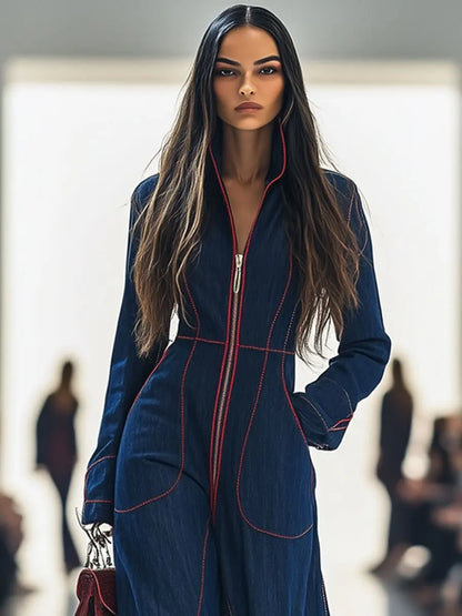 New Arrival plus Size Women's Jumpsuit with Big Pockets Slim Fit Casual V-Neck Long Sleeve Polyester Britsh Style Commute