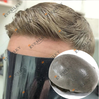 Men's Super Natural Hairline 100% Human Hair Ombre Blonde Capillary Prosthesis System Wigs Brown Roots Durable Thin Skin Toupee